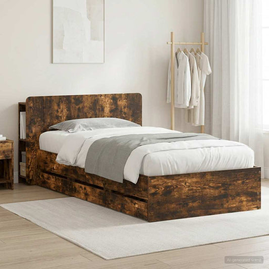Bed Frame with Storage Smoked Oak 90 x 190 cm Engineered Wood