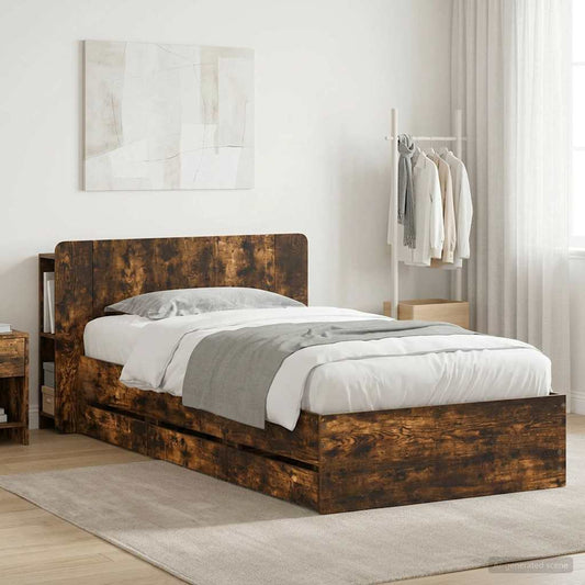 Bed Frame with Storage Smoked Oak 100 x 200 cm Engineered Wood