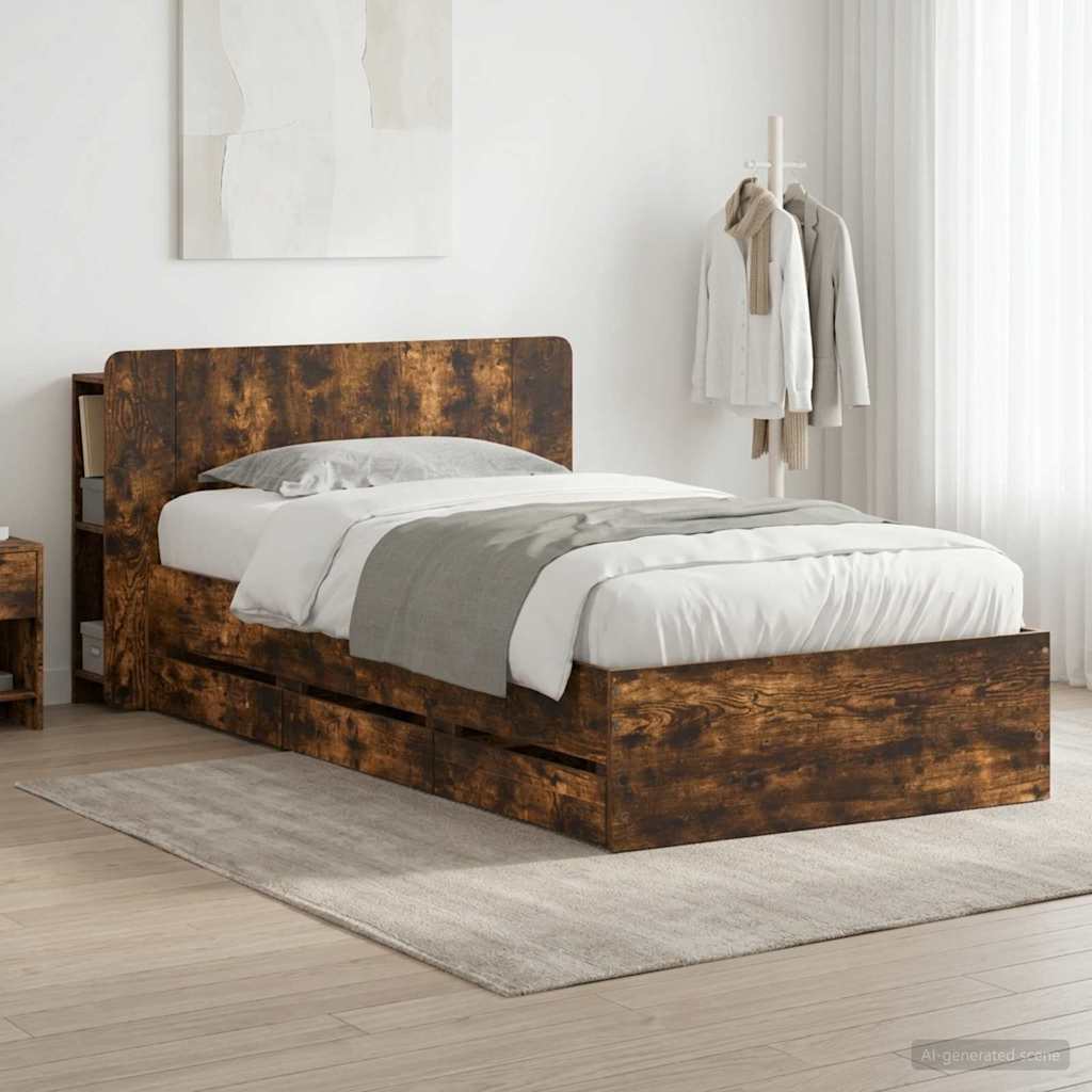 Bed Frame with Storage Smoked Oak 90 x 200 cm Engineered Wood