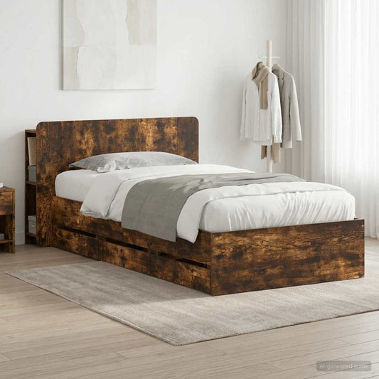 Bed Frame with Storage Smoked Oak 90 x 200 cm Engineered Wood