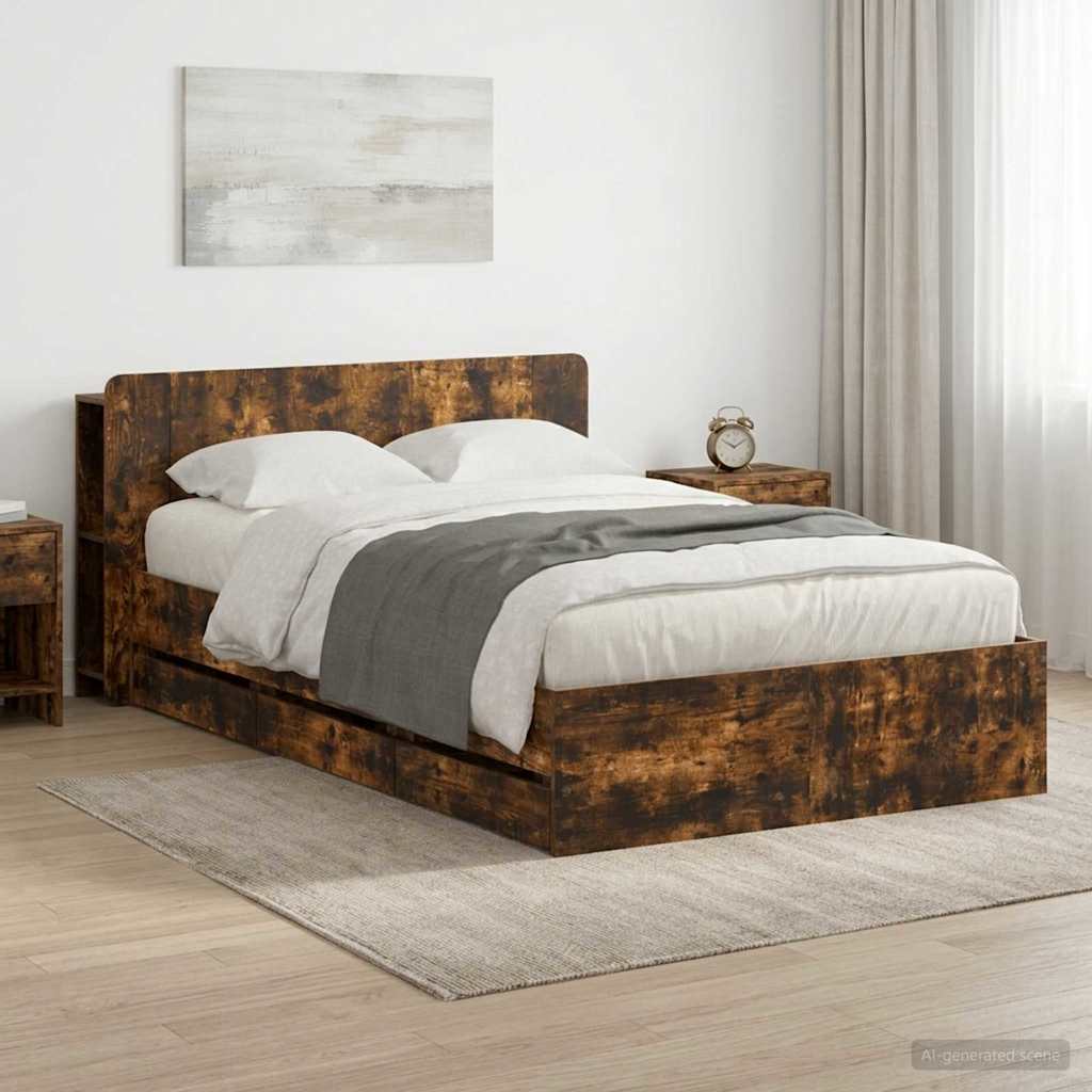 Bed Frame with Storage Smoked Oak 120 x 190 cm Engineered Wood