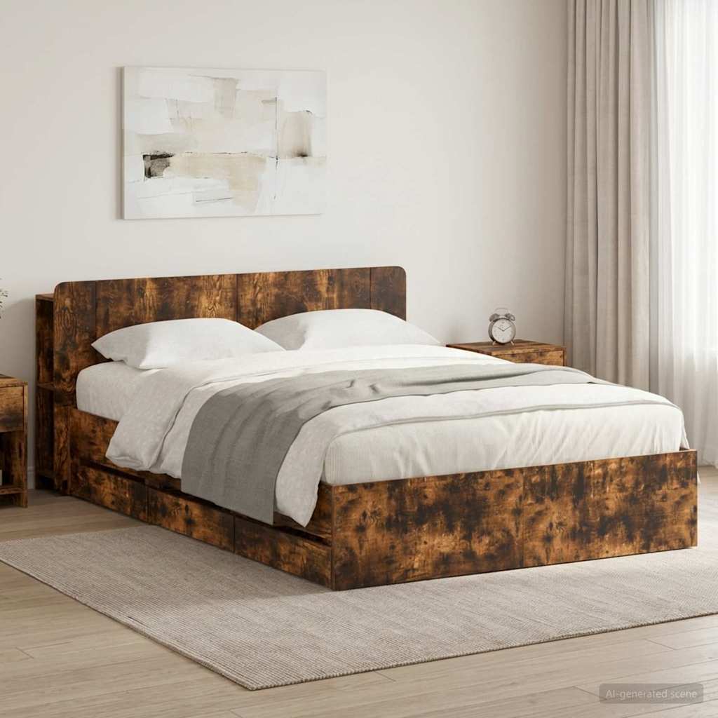 Bed Frame with Storage Smoked Oak 135 x 190 cm Engineered Wood