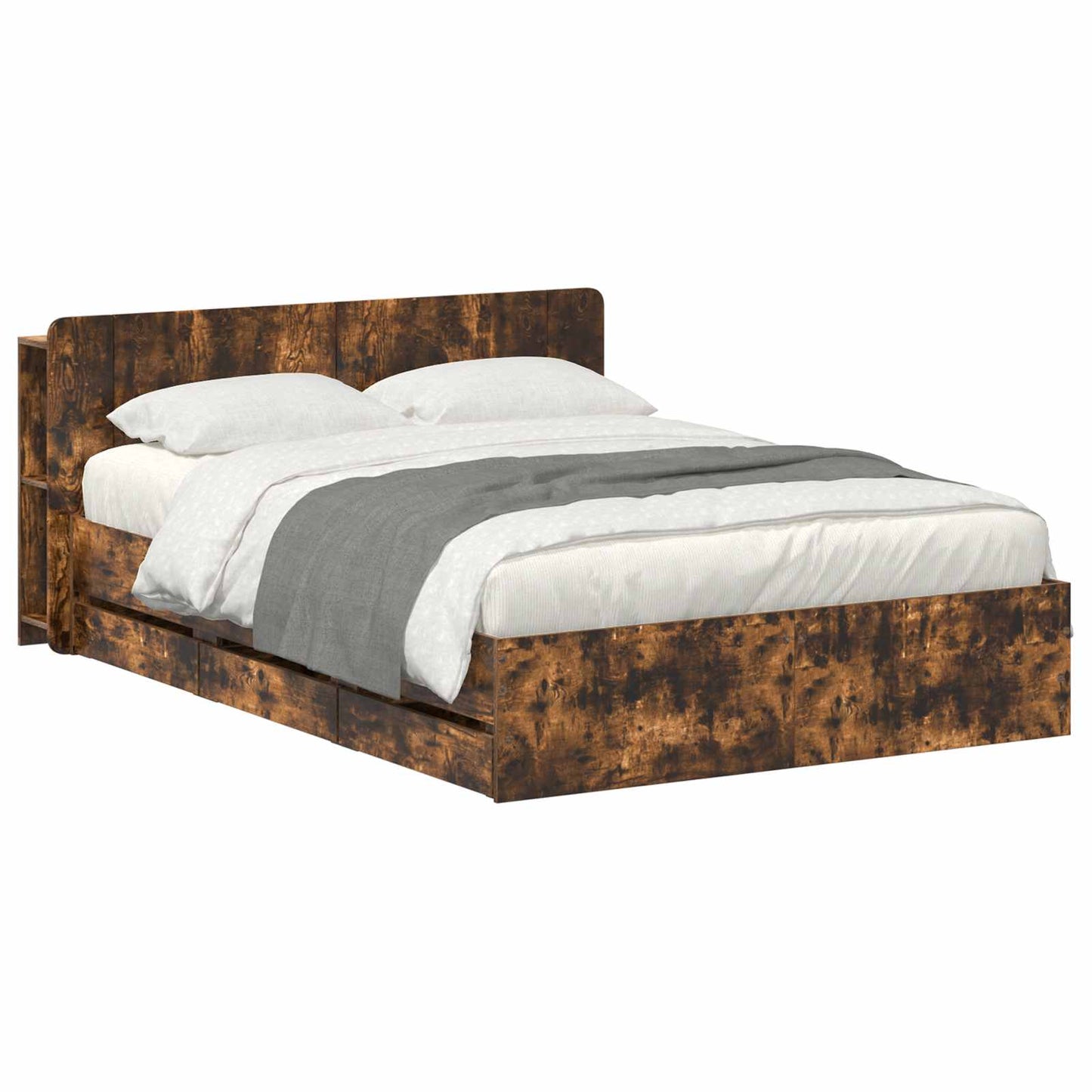 Bed Frame with Storage Smoked Oak 135 x 190 cm Engineered Wood