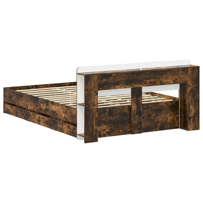 Bed Frame with Storage and Headboard Smoked Oak 135 x 190 cm