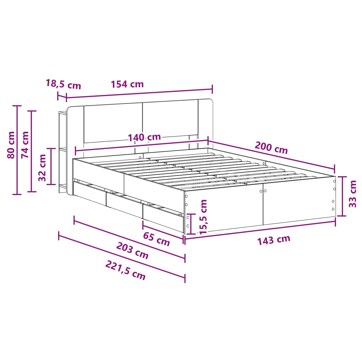 Bed Frame with Storage Grey Sonoma 140 x 200 cm Engineered Wood