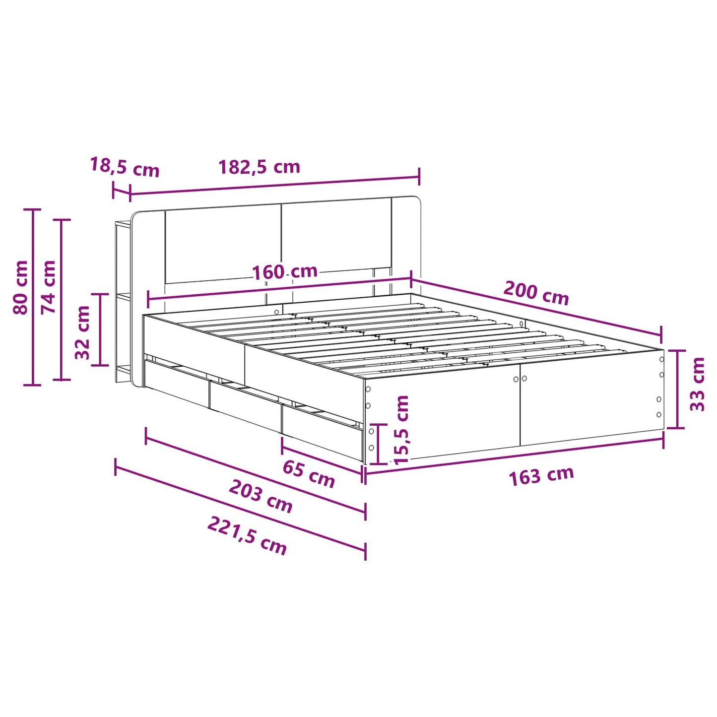 Bed Frame with Storage Grey Sonoma 160 x 200 cm Engineered Wood