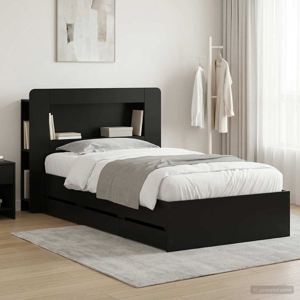 Bed Frame with Storage Black 75 x 190 cm Engineered Wood