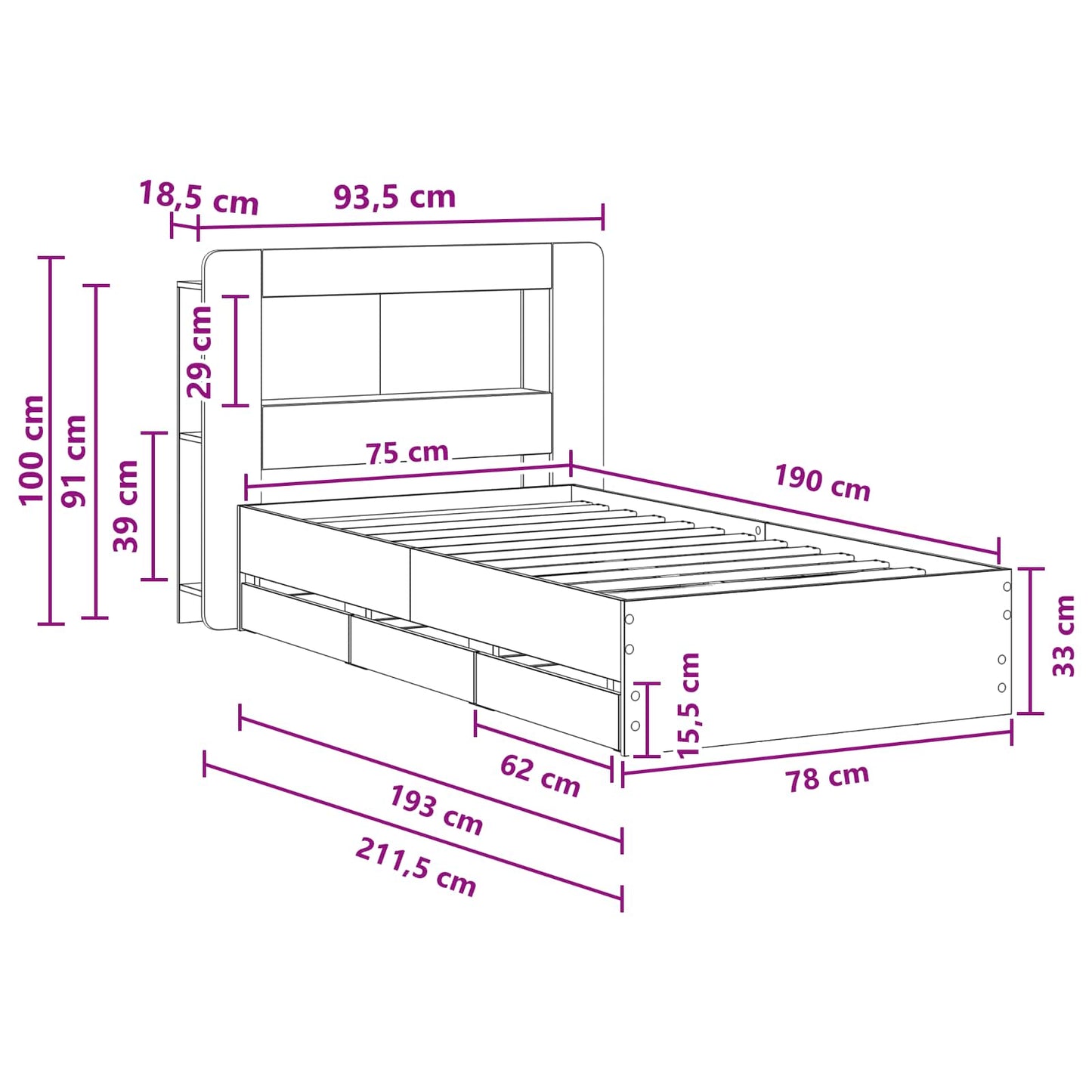 Bed Frame with Storage Grey Sonoma 75 x 190 cm Engineered Wood