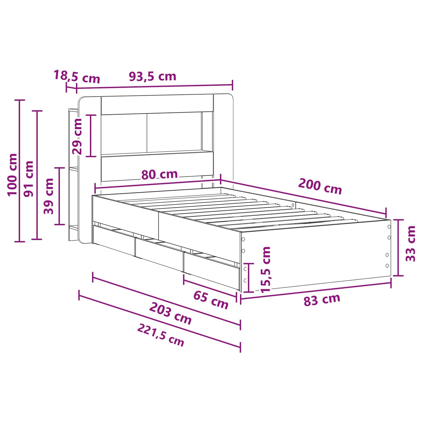 Bed Frame with Storage Artisan Oak 80 x 200 cm Engineered Wood
