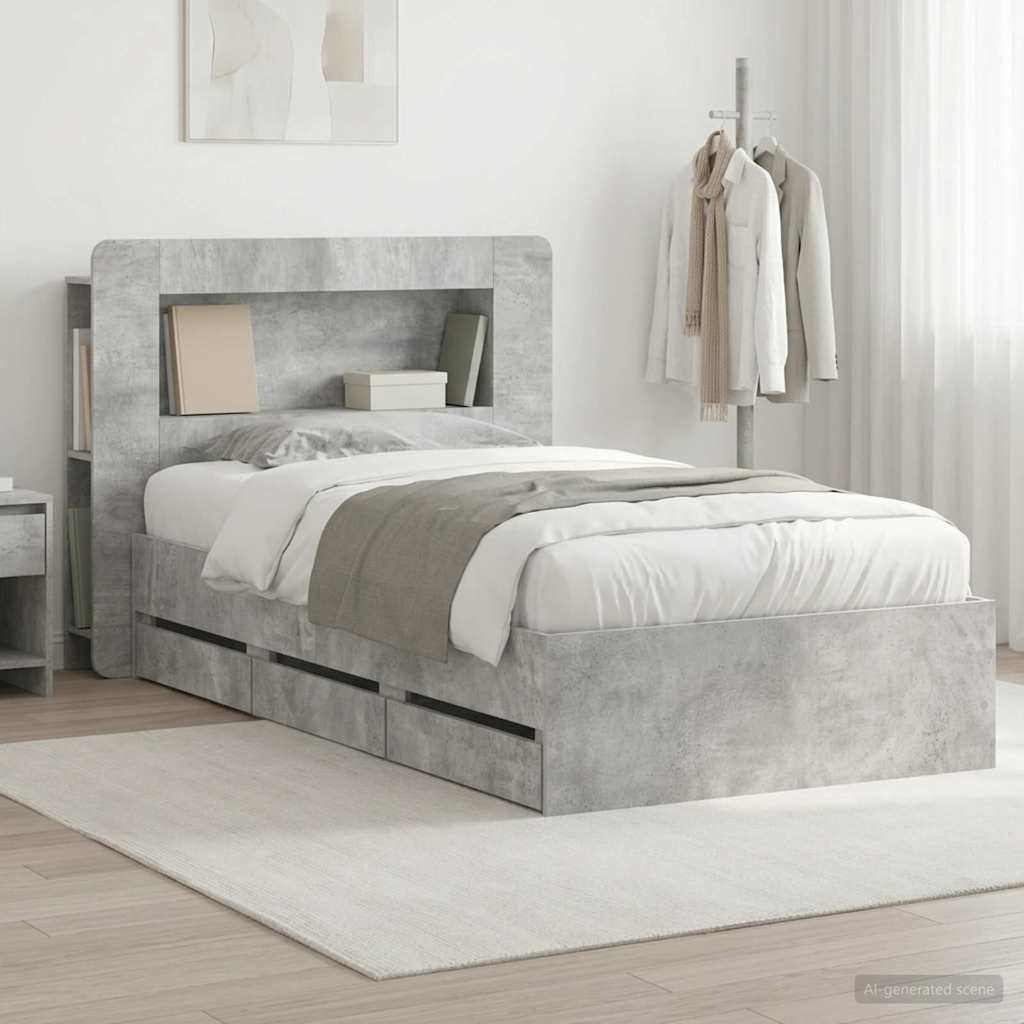 Bed Frame with Storage with Headboard Concrete Grey 90 x 190 cm