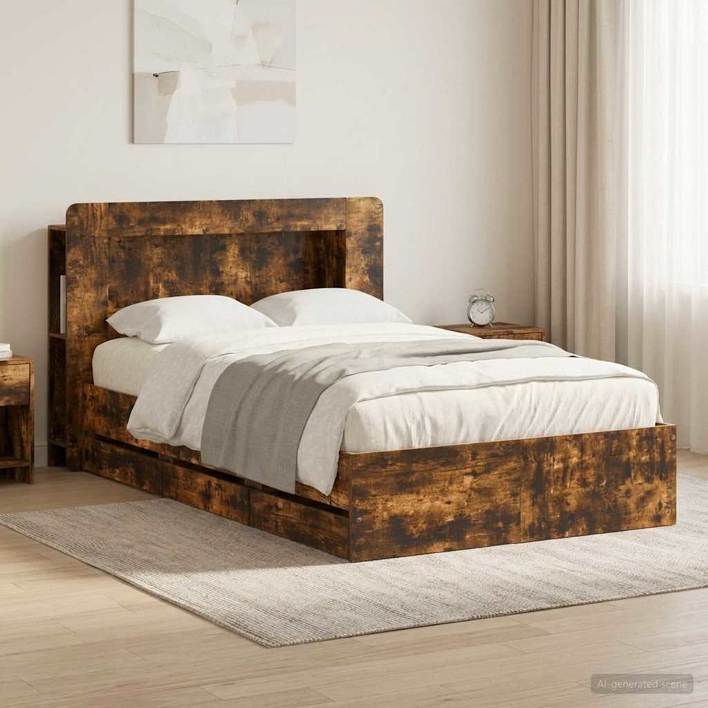 Bed Frame with Storage Smoked Oak 120 x 190 cm Engineered Wood