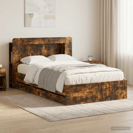 Bed Frame with Storage Smoked Oak 120 x 190 cm Engineered Wood