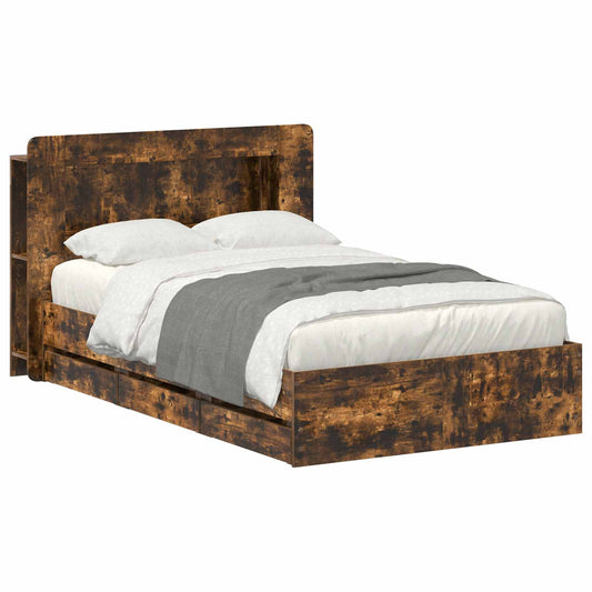 Bed Frame with Storage Smoked Oak 120 x 190 cm Engineered Wood
