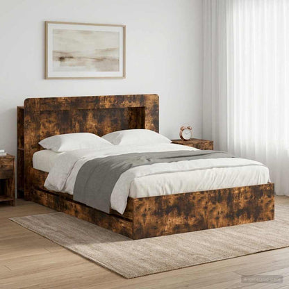 Bed Frame with Storage Smoked Oak 135 x 190 cm Engineered Wood