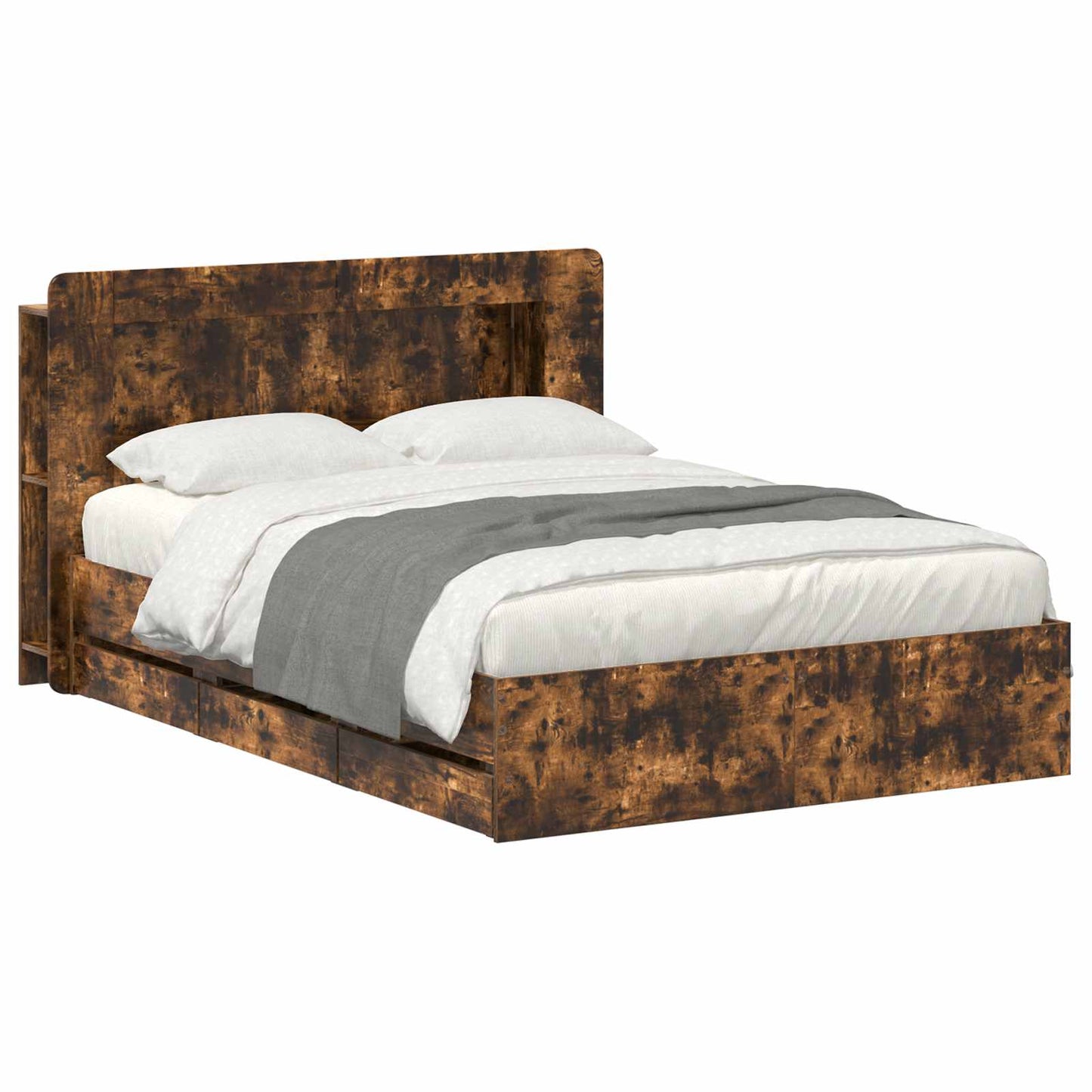 Bed Frame with Storage Smoked Oak 135 x 190 cm Engineered Wood