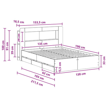 Bed Frame with Storage Smoked Oak 135 x 190 cm Engineered Wood