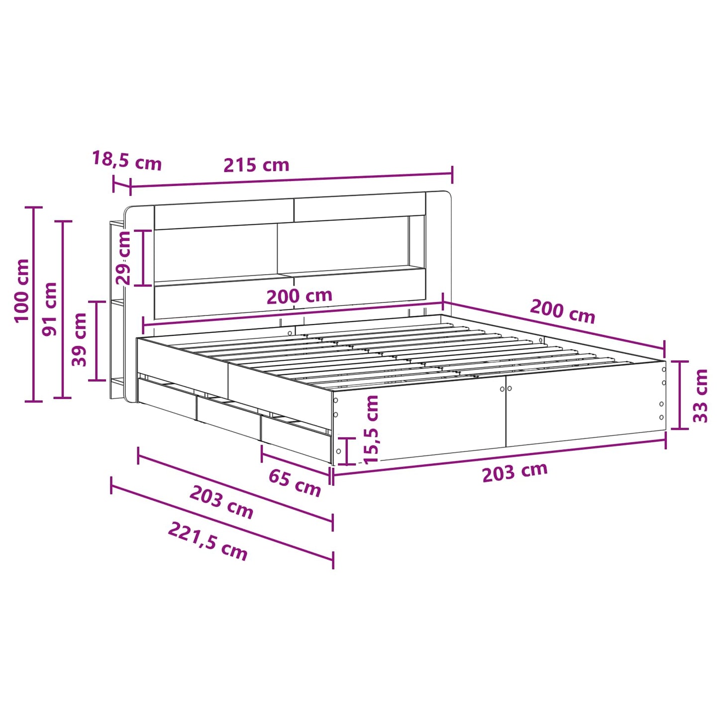 Bed Frame with Storage Black 200 x 200 cm Engineered Wood