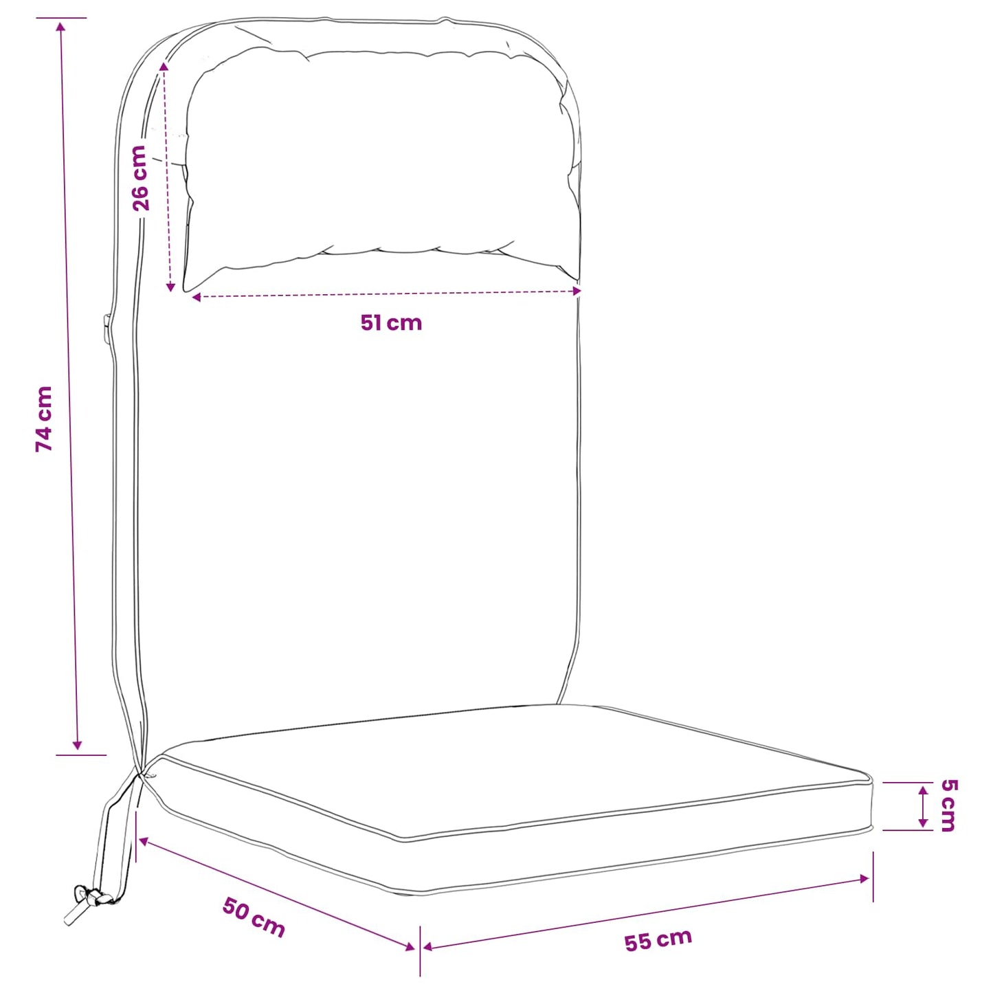 Sun Lounger Cushion 100% Polyester Black 55 x 124 x 5 cm