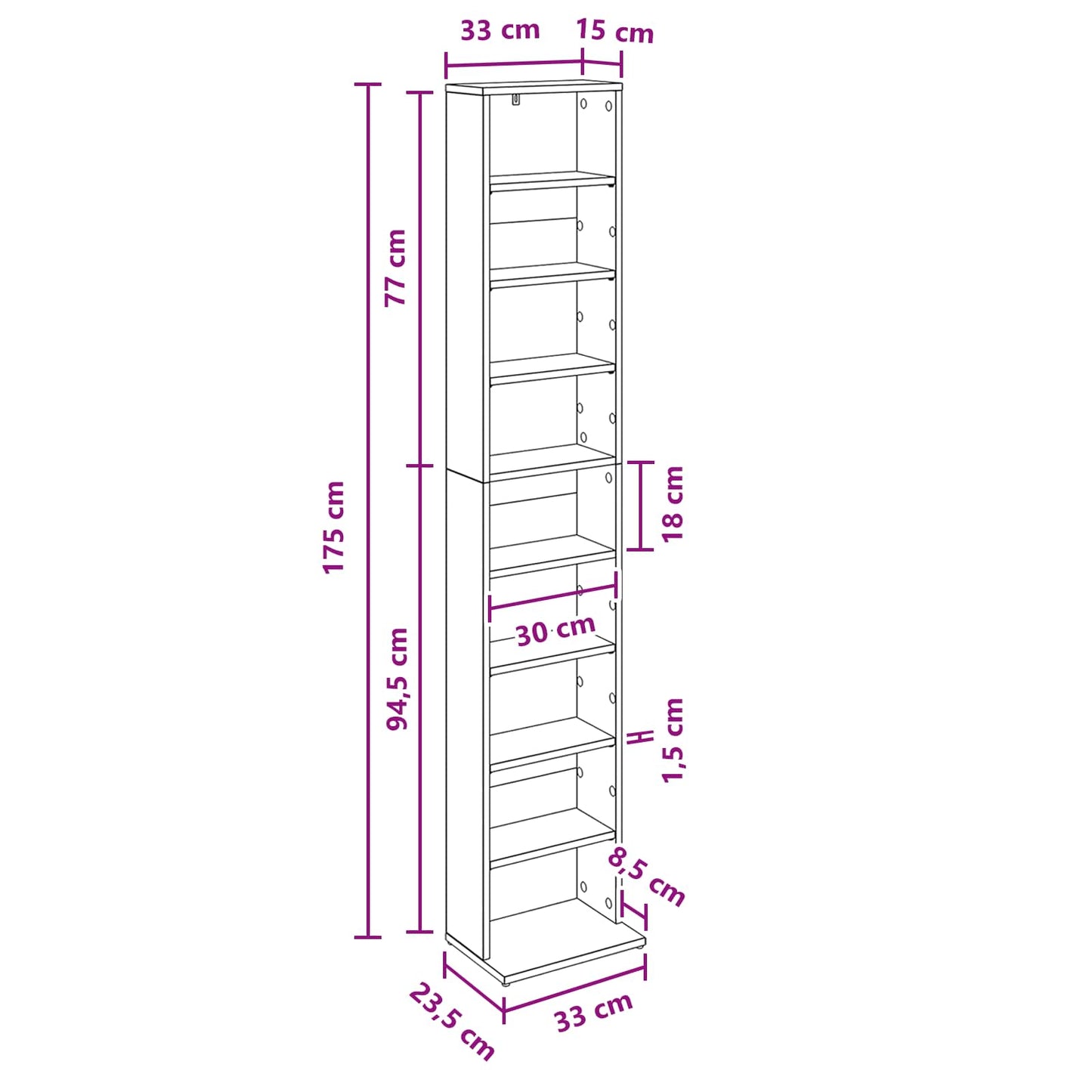 CD Cabinet Grey Sonoma 33 x 23.5 x 175 cm Engineered Wood