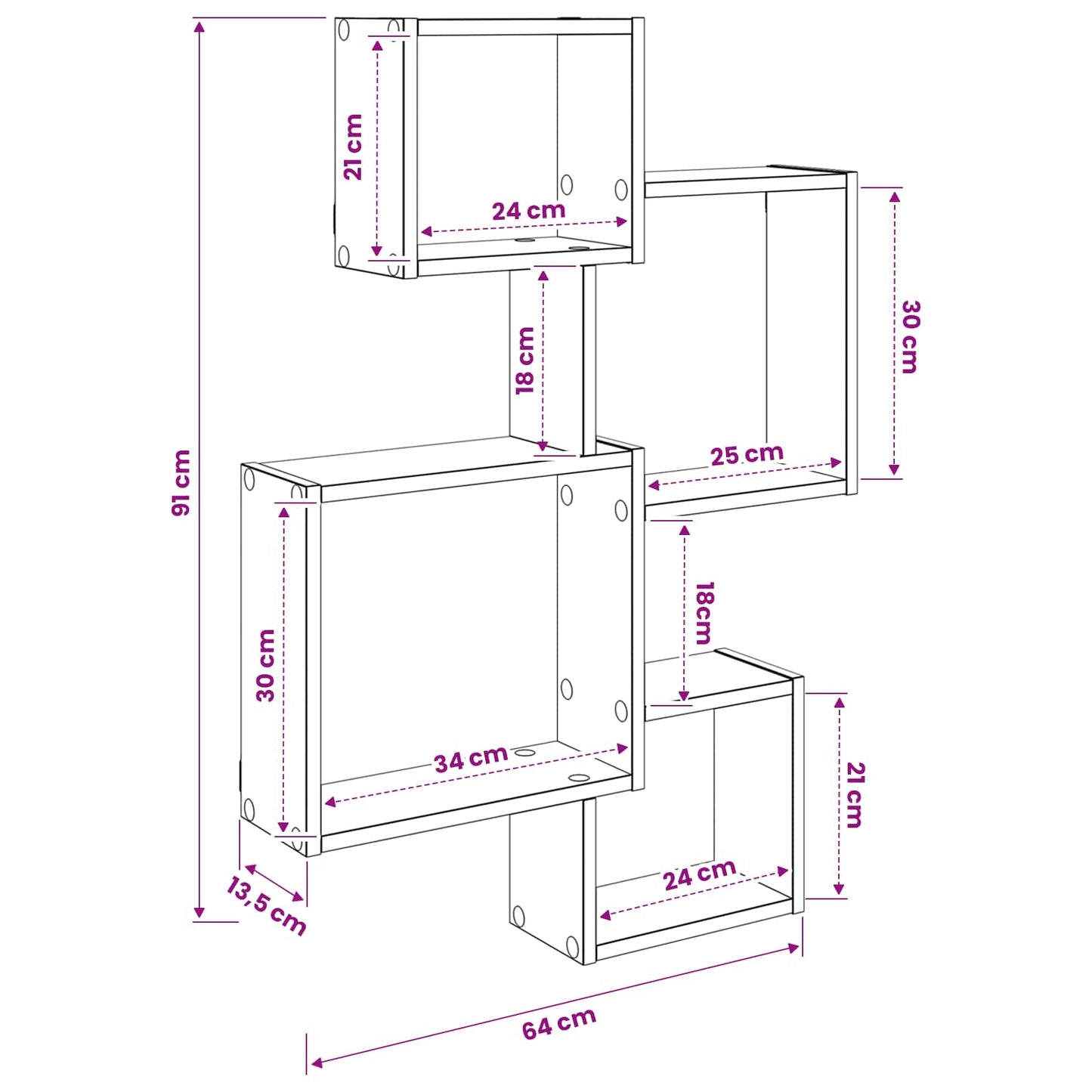 Wall Cube Shelves Wall-Mounted Sonoma Oak 64 x 13.5 x 91.5 cm