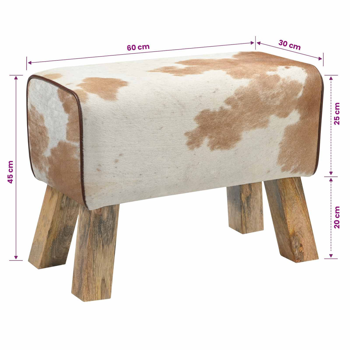 Bench 60 x 30 x 45 cm Real Leather Brown and White