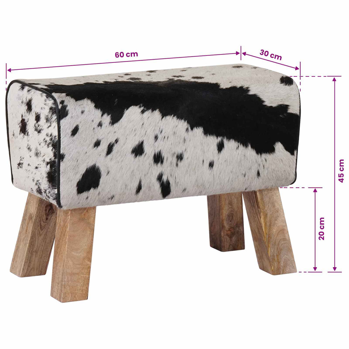 Bench 60 x 30 x 45 cm Real Leather Black and White