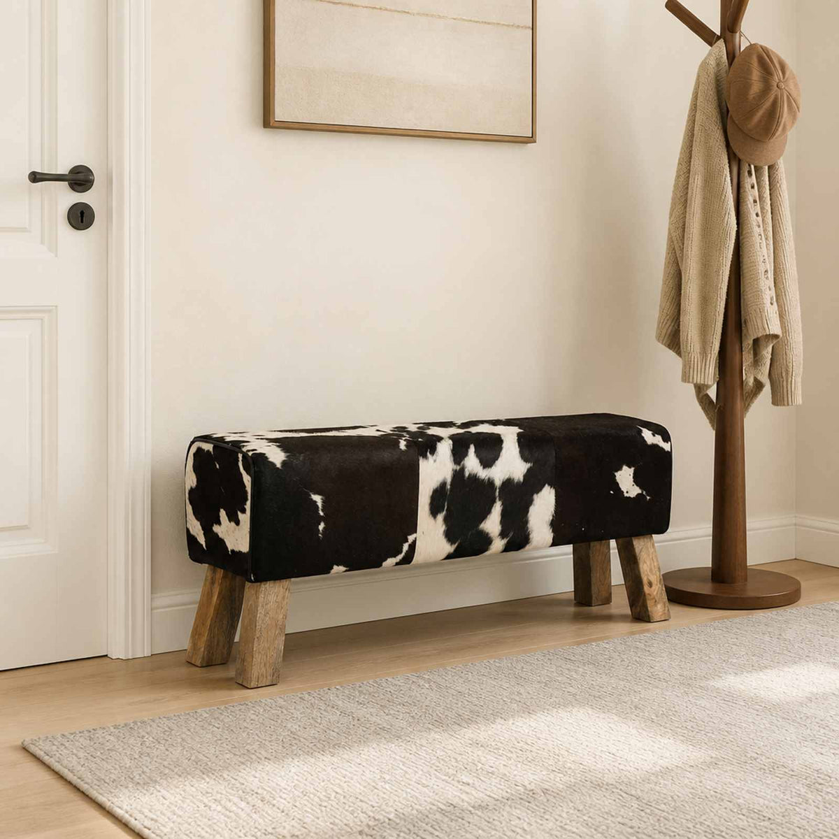 Bench 110 x 30 x 45 cm Real Leather Black and White
