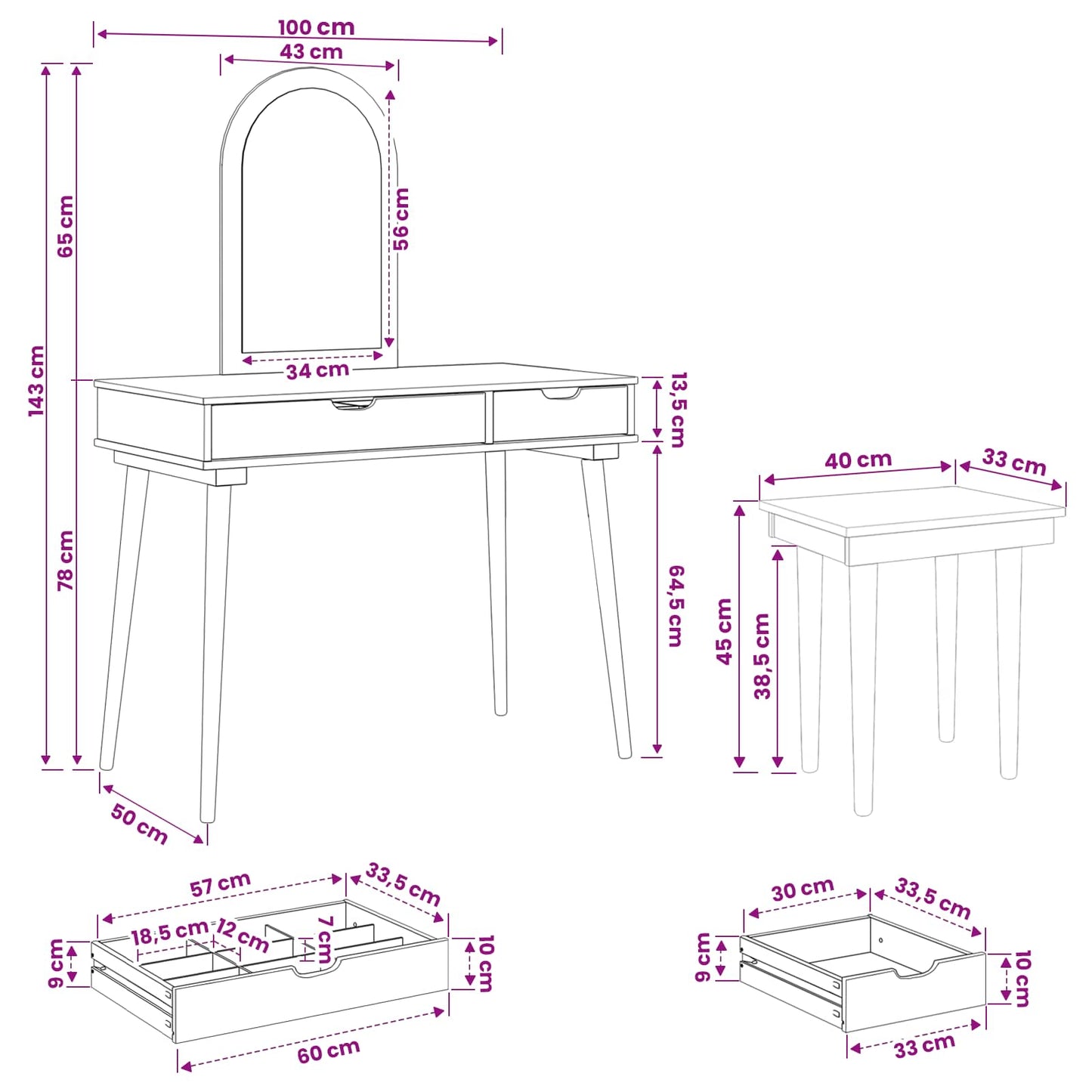 Dressing Table Set FAUSKE 3 pcs White 100 x 50 x 143 cm