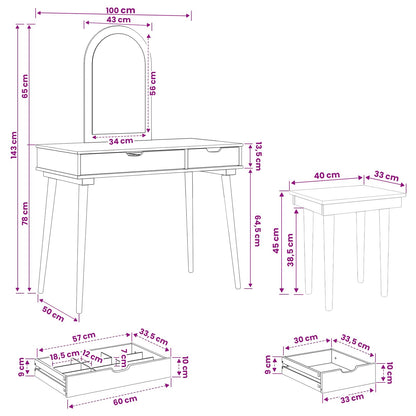 Dressing Table Set FAUSKE 3 pcs White 100 x 50 x 143 cm