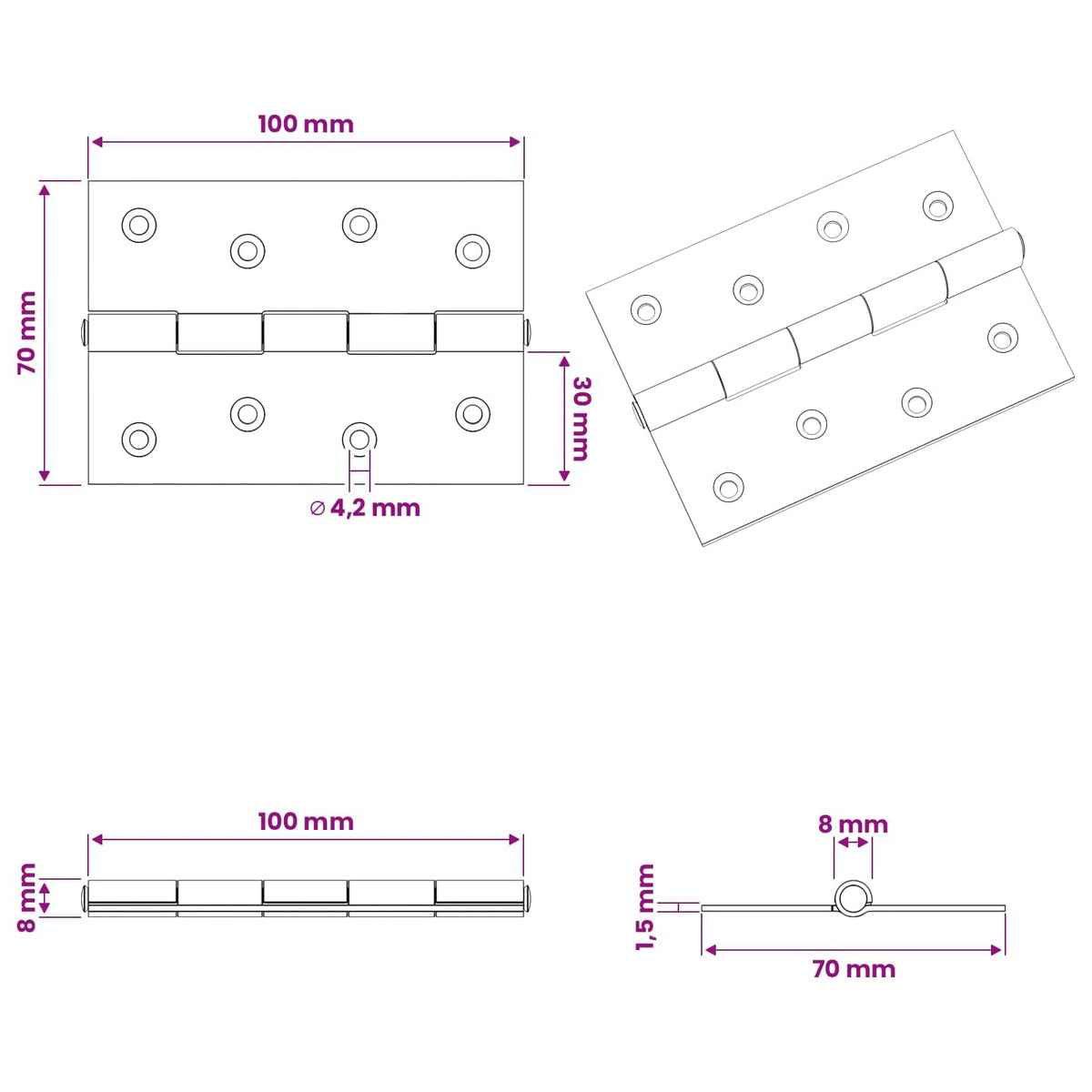Hinge 48 pcs 100 x 70 x 8 mm Silver Steel