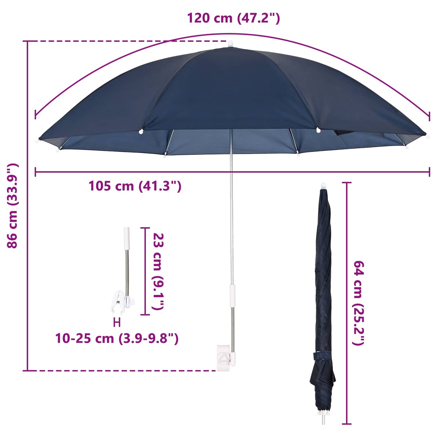 Umbrella with Clamp 2 pcs Navy Blue Ø 105 x 86 cm