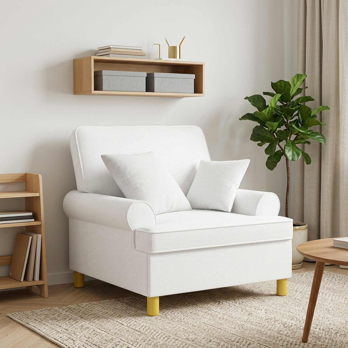 XL Armchair with Cushions White Fabric
