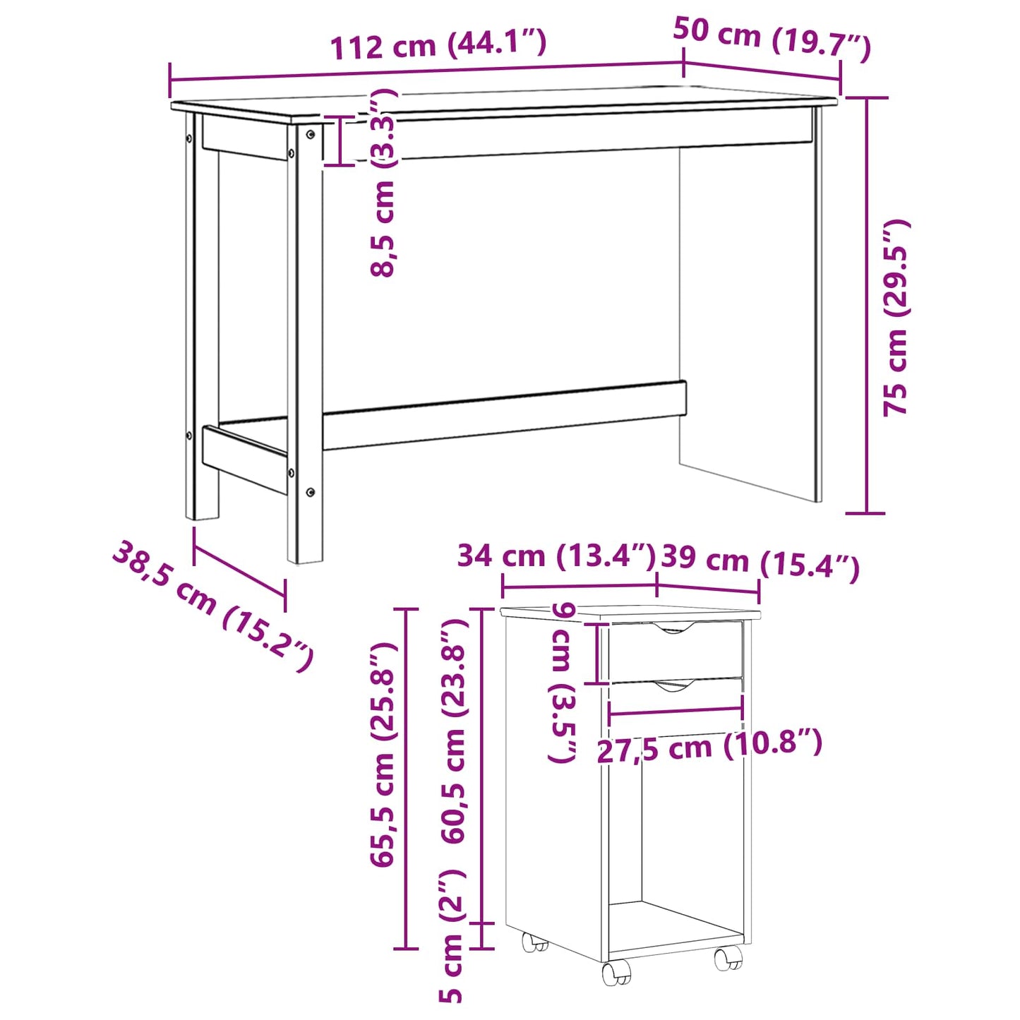 Desk Cabinet Set 2 pcs Brown Solid Pine Wood