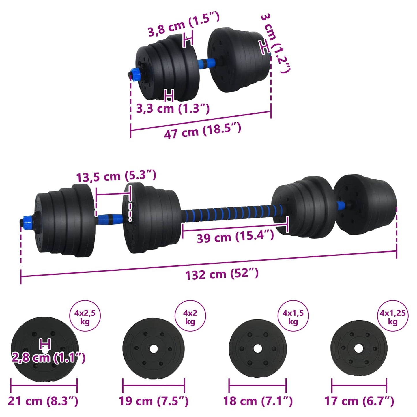 2-in-1 Dumbbell Set 40kg Black and Blue Cement and Iron Sand