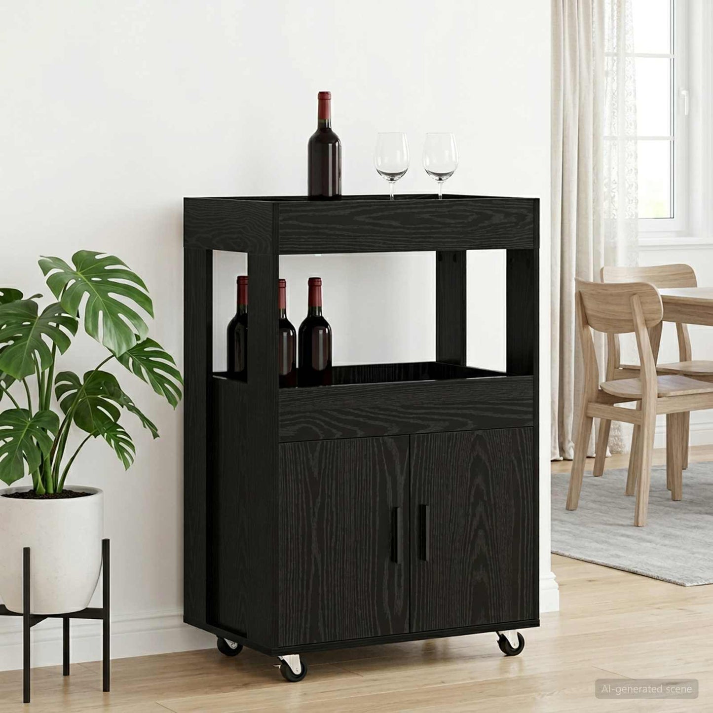Bar Cart Black Oak 60 x 39.5 x 89 cm Engineered Wood