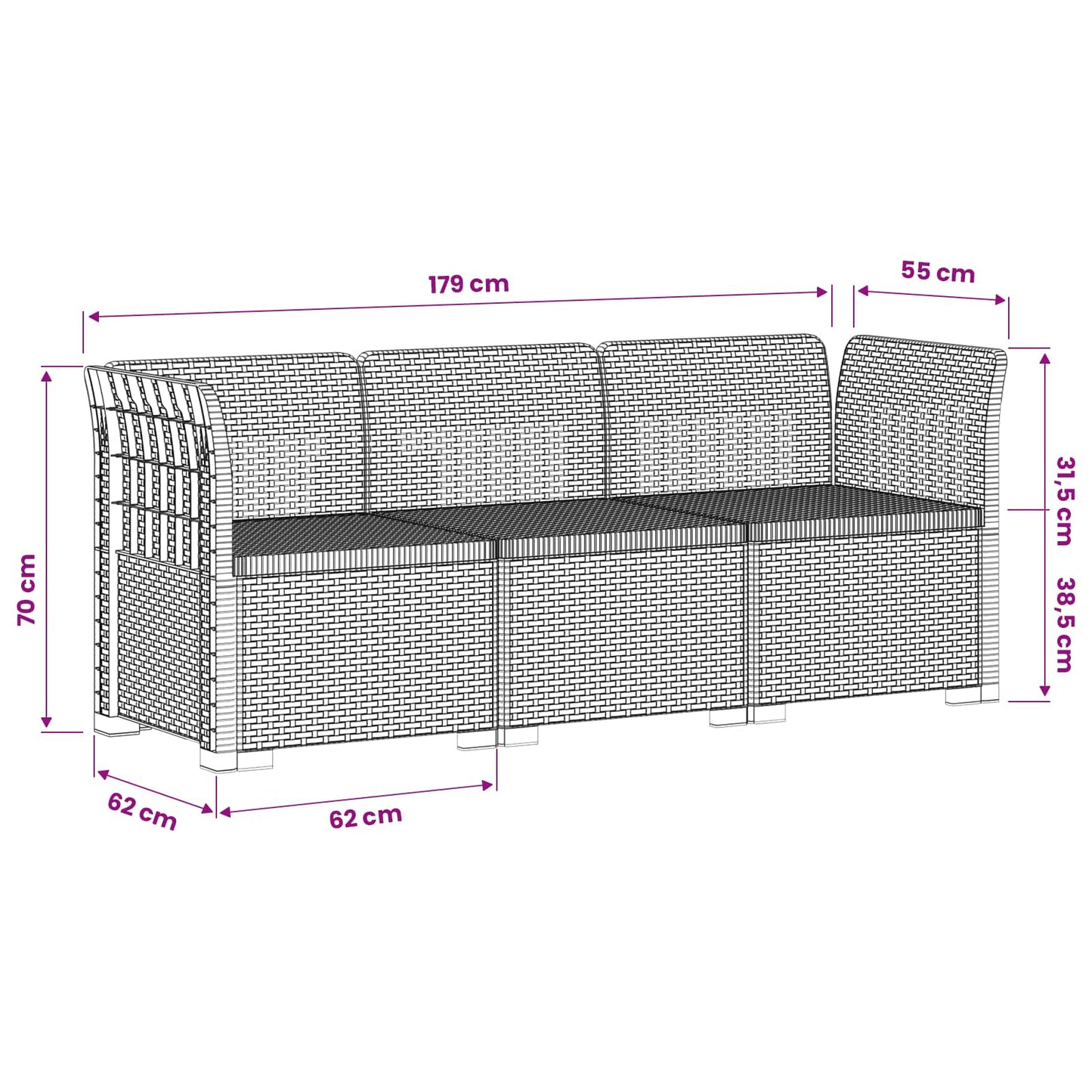 3-Seater Garden Sofa Rattan Look PP Brown