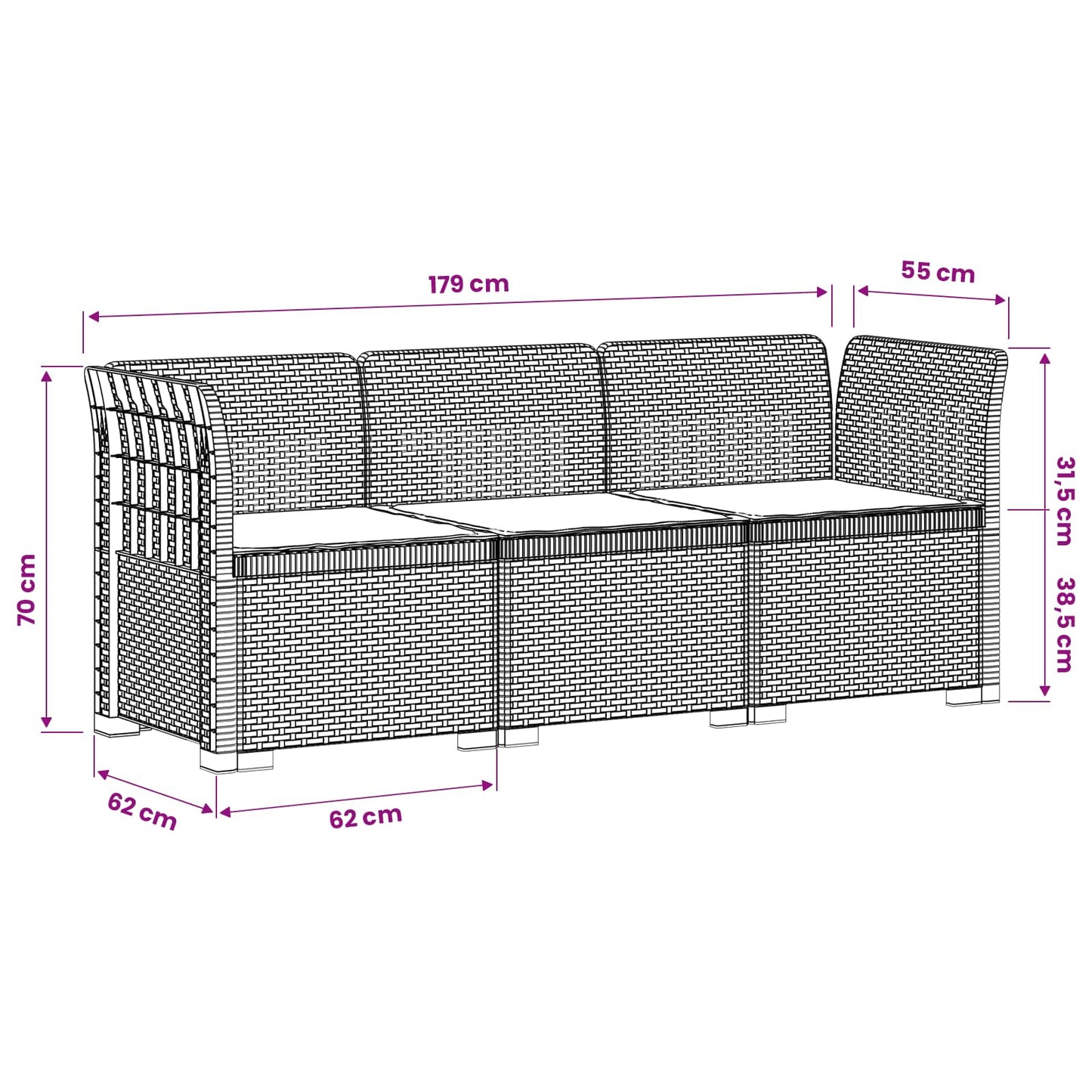 3-Seater Garden Sofa with Cushions Rattan Look PP Brown