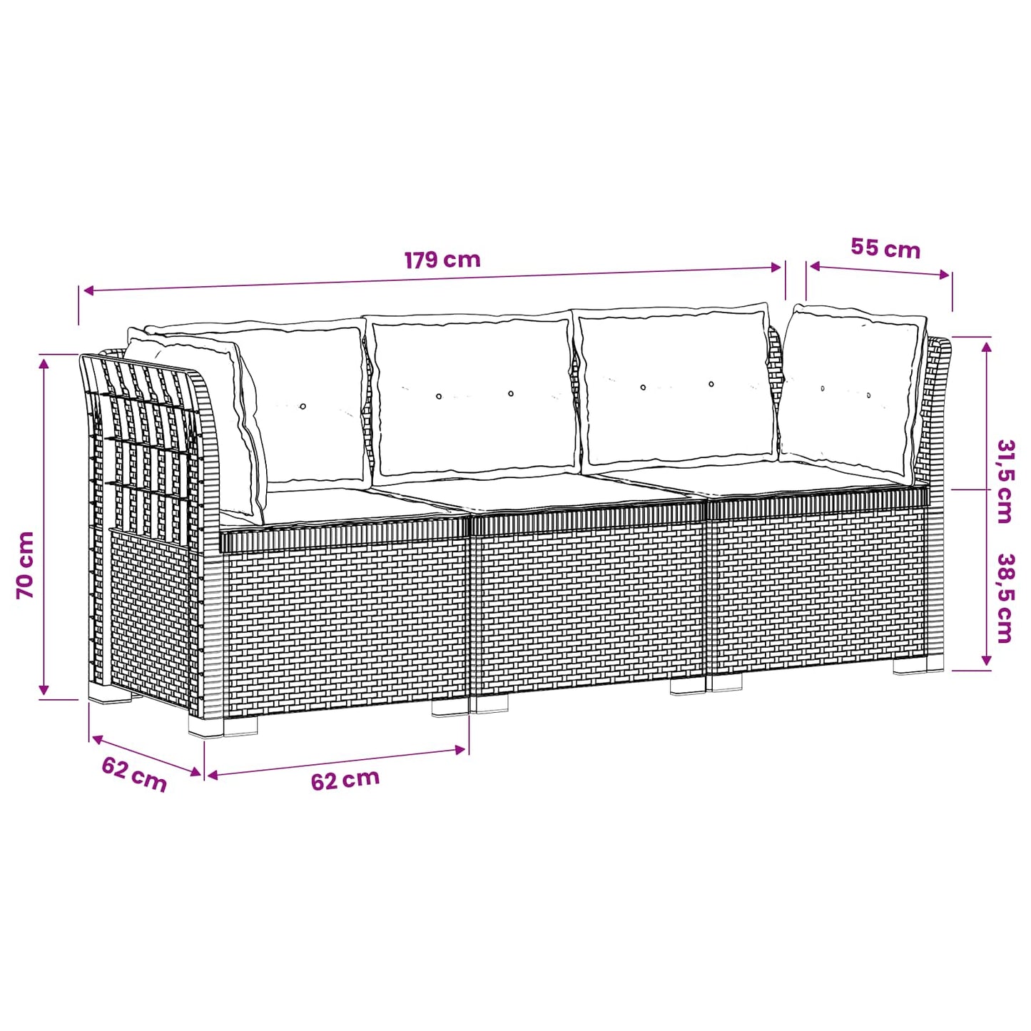 3-Seater Garden Sofa with Cushions Rattan Look PP Brown