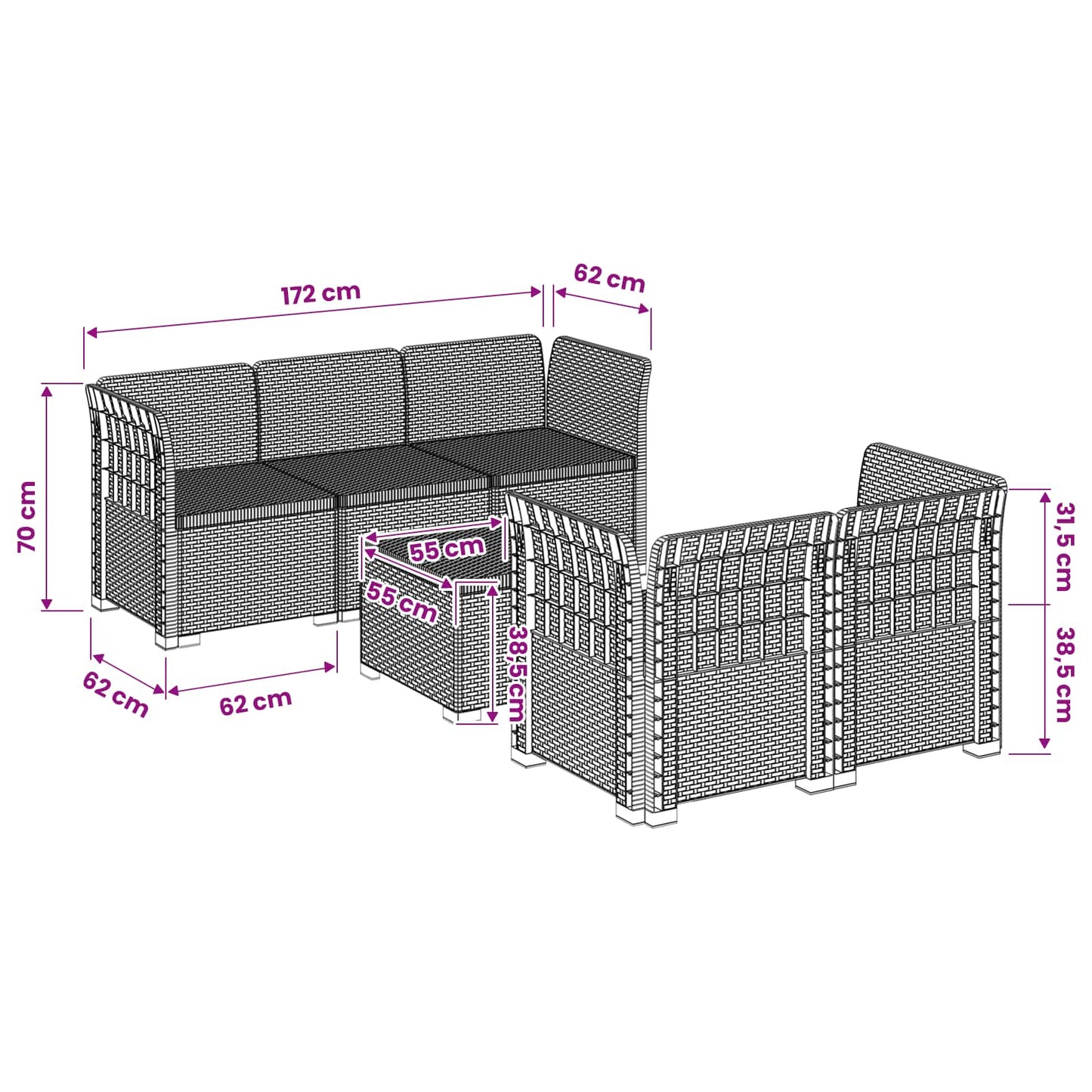 5-Seater Garden Sofa Rattan Look PP Anthracite