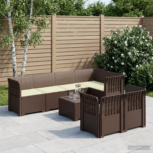 7-Seater Garden Sofa with Cushions Rattan Look PP Brown