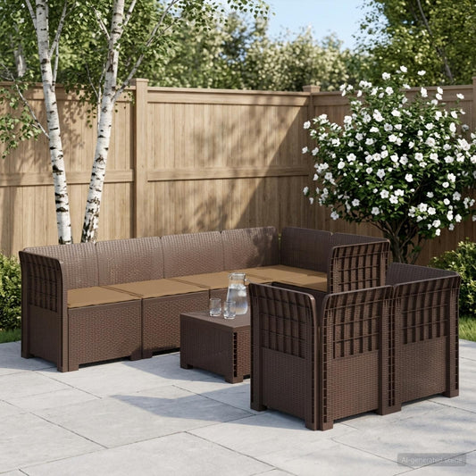 7-Seater Garden Sofa with Cushions Rattan Look PP Brown