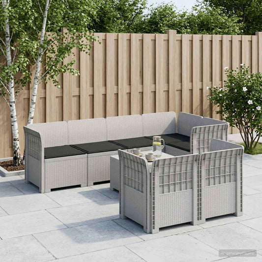 7-Seater Garden Sofa with Cushions Rattan Look PP White