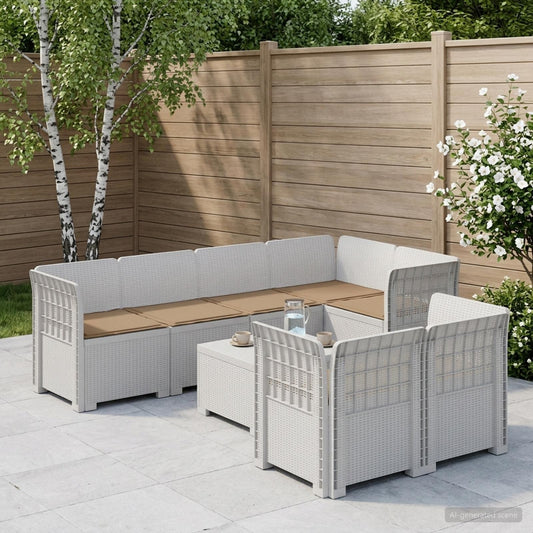 7-Seater Garden Sofa with Cushions Rattan Look PP White