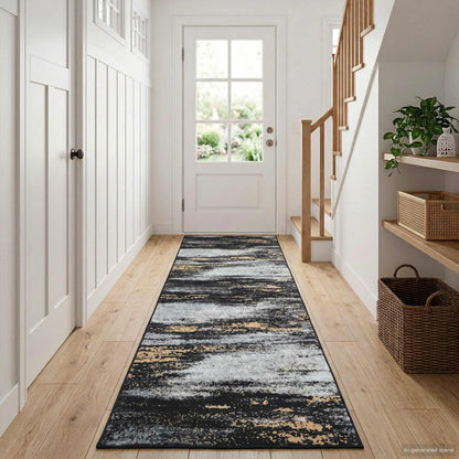 Rug Runner LESAKA Black and Gold 100 x 450 cm Diamond Velvet