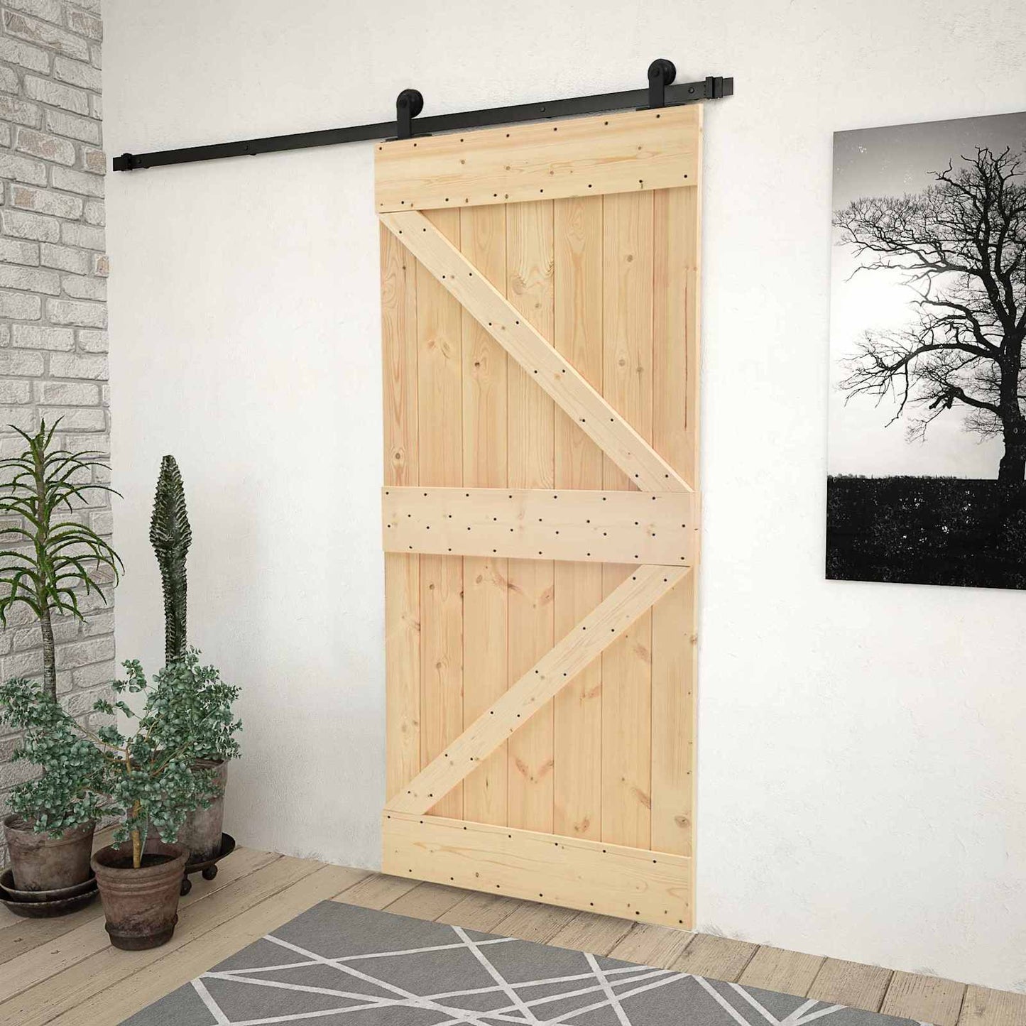 Sliding Door Natural and Black 80 x 210 cm Solid Pine Wood