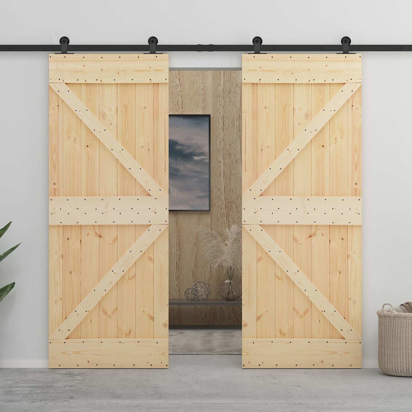 Sliding Door Natural and Black 90 x 210 cm Solid Pine Wood