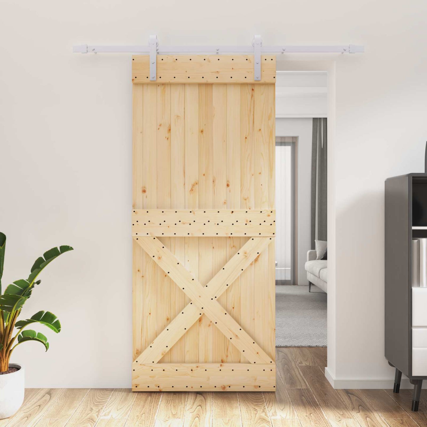 Sliding Door Natural and White 90 x 210 cm Solid Pine Wood
