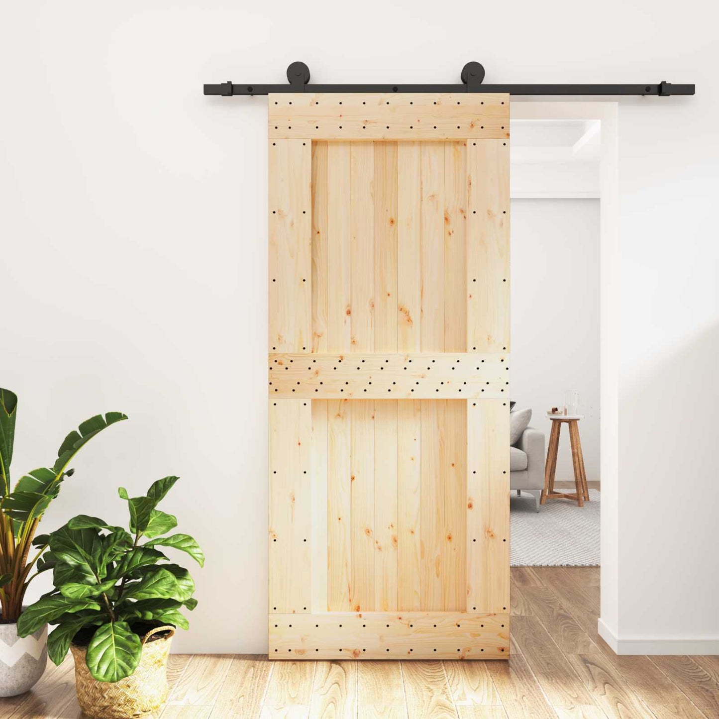 Sliding Door Natural and Black 90 x 210 cm Solid Pine Wood