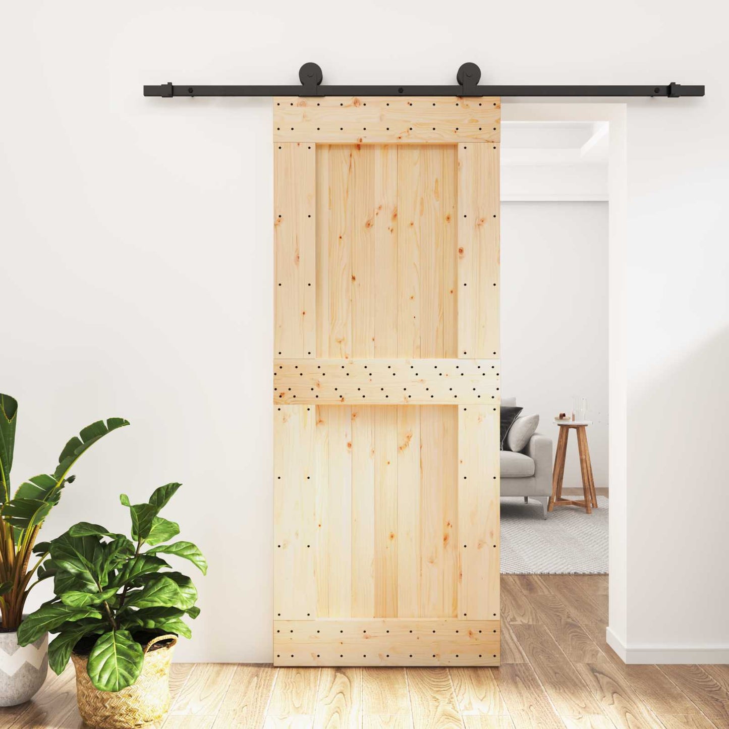 Sliding Door Natural and Black 85 x 210 cm Solid Pine Wood