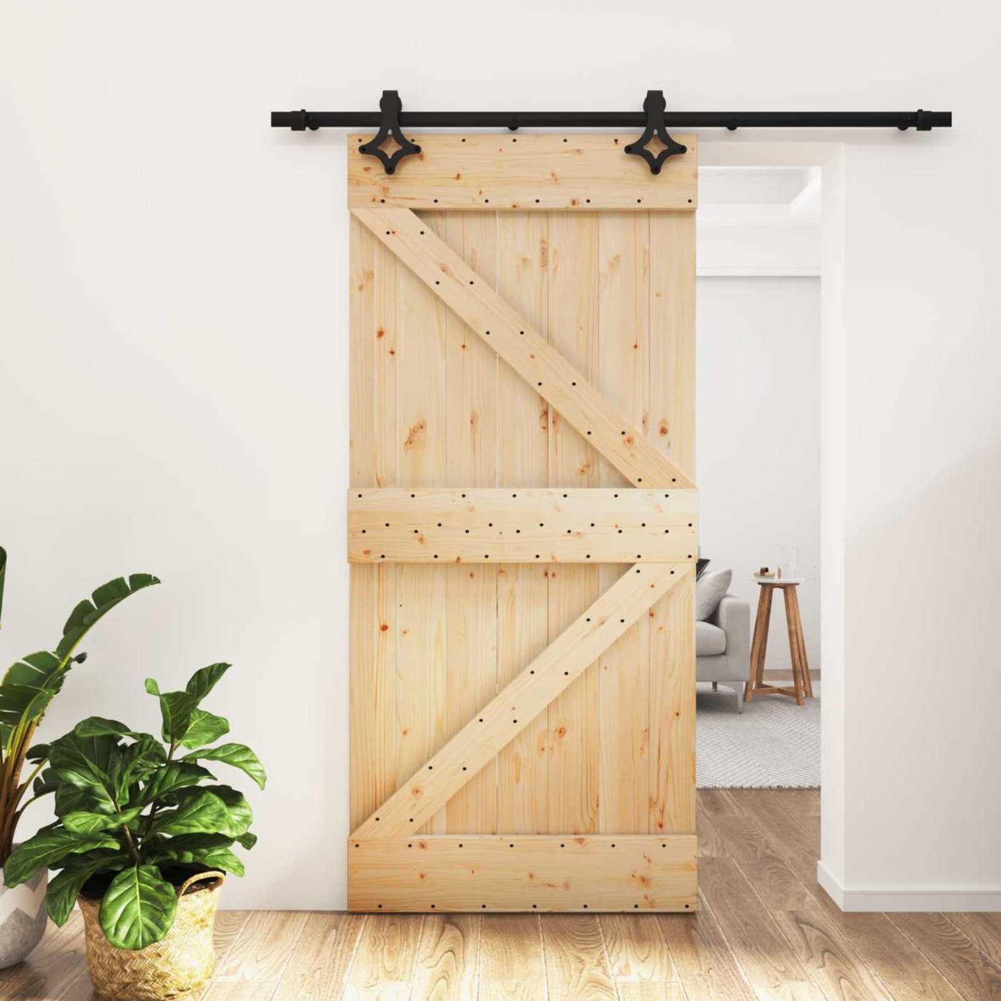 Sliding Door Natural and Black 95 x 210 cm Solid Pine Wood